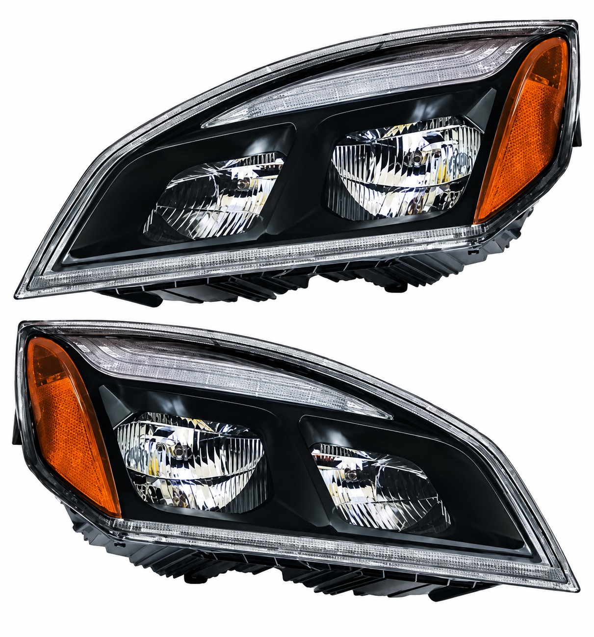 Premium factory-style full LED headlight assembly designed as a direct replacement for Freightliner New Cascadia trucks equipped with factory LED lighting.